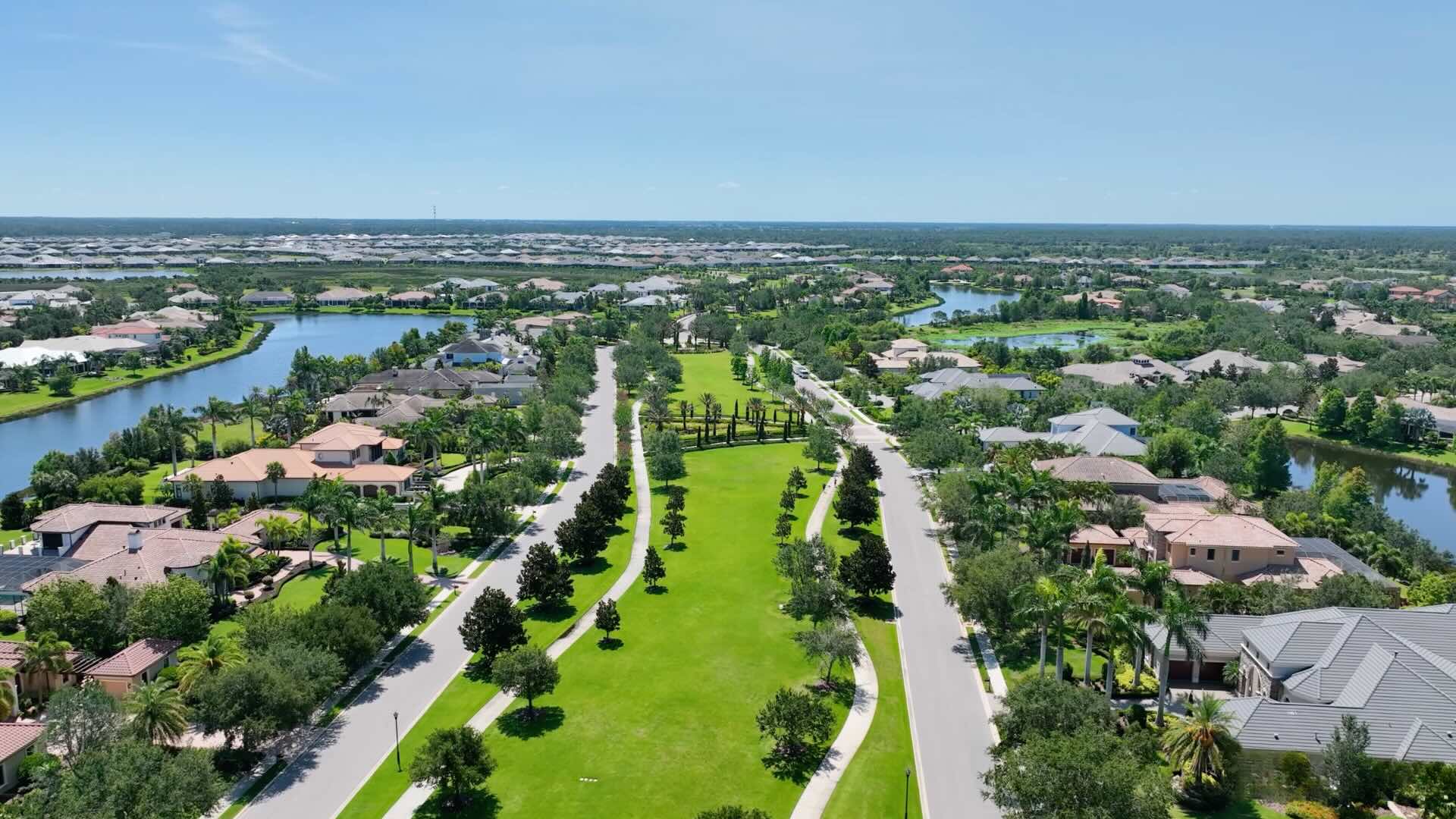 The Lake Club Lakewood Ranch community aerial established streetscape