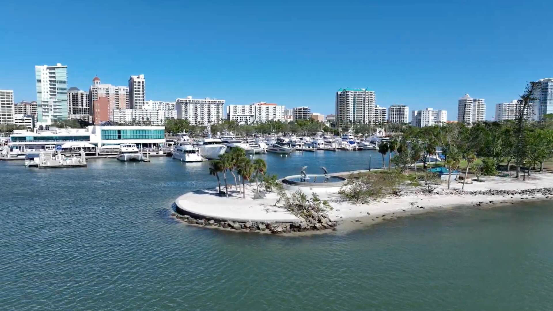 Aerial view of downtown Sarasota Florida waterfront and Sarasota Bay